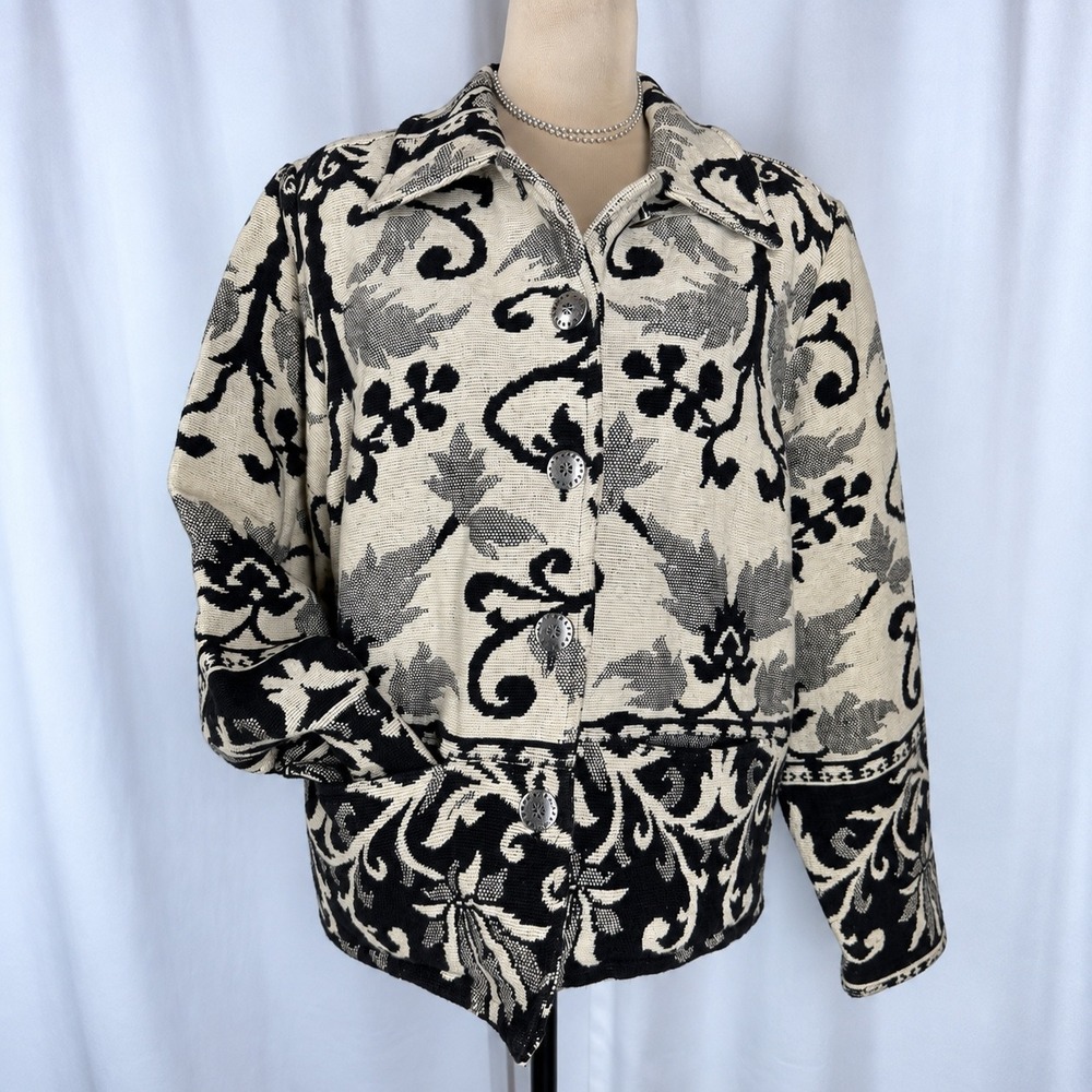 Vintage New Identity Tapestry Jacket Size M Black Ivory Floral Jacquard